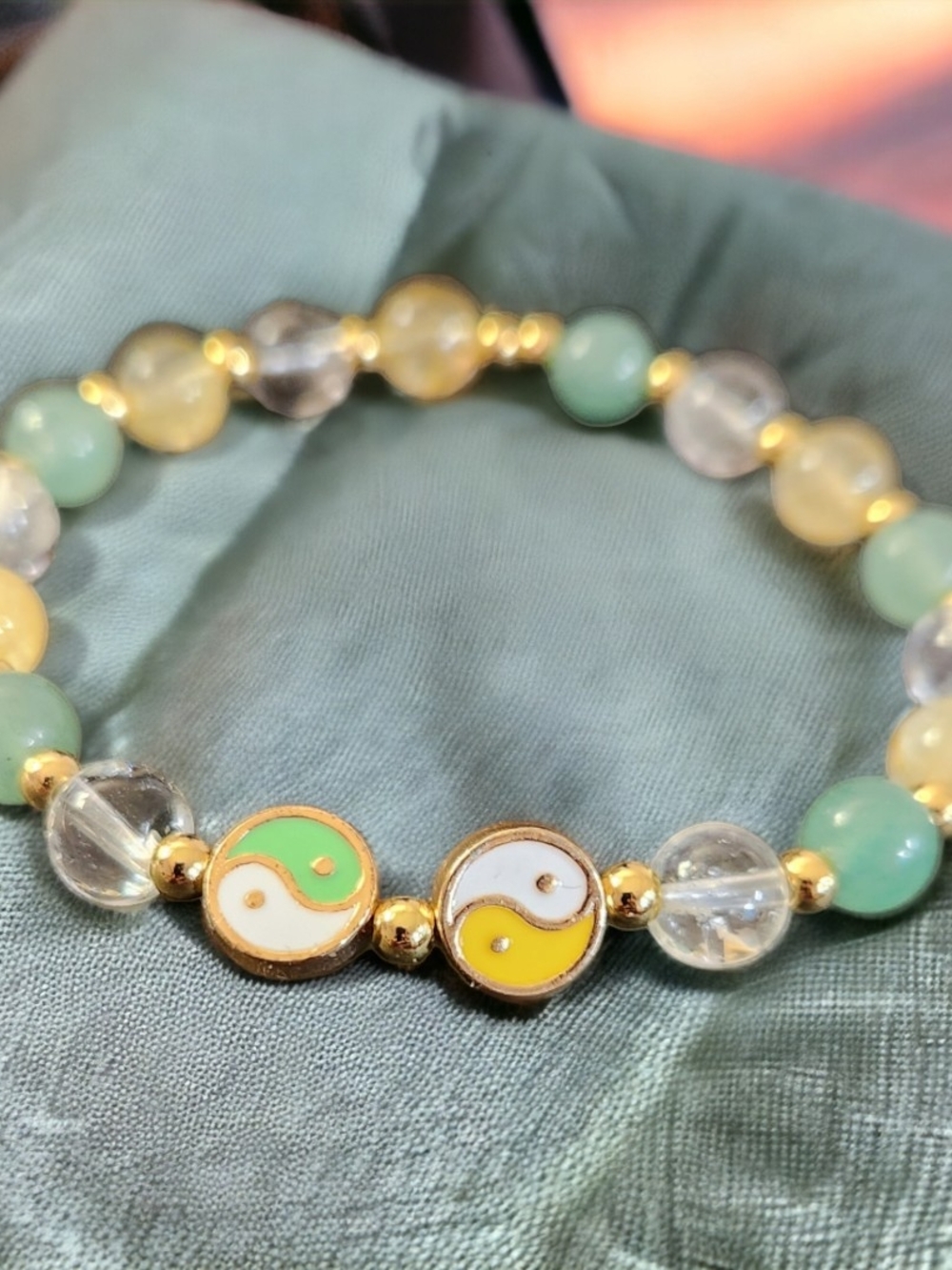 Yin Yang Stretch Bracelet Made with Green Aventurine, Quartz and Yellow Citrine